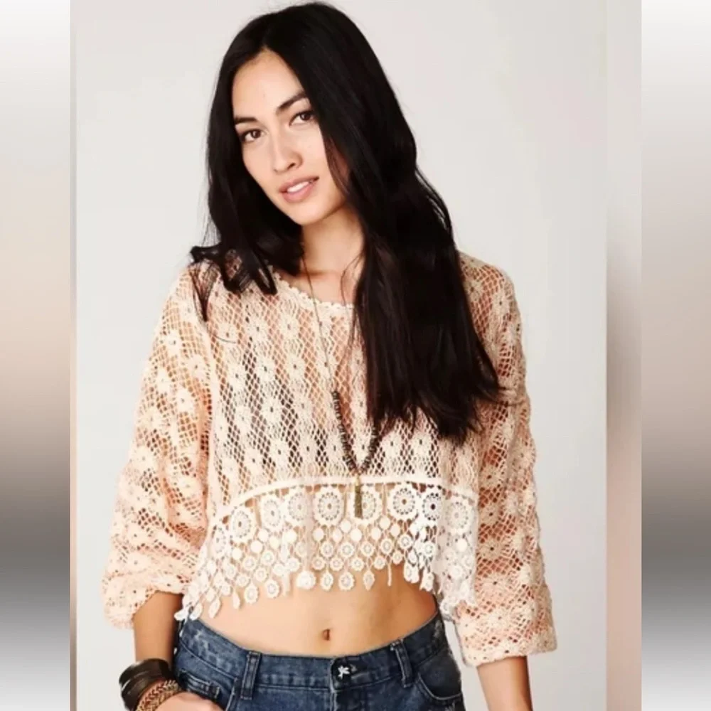FREE PEOPLE BOHO CROCHET CROP TOP NEW ROMANTICS EMBROIDERED OVERSIZED SIZE XS-M